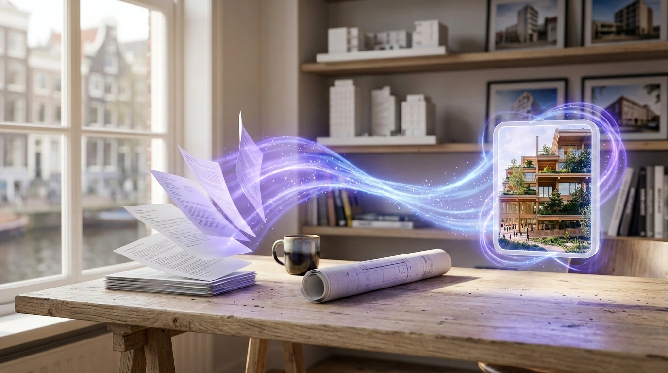Architectural documents transforming into a glowing digital building concept in a modern studio.