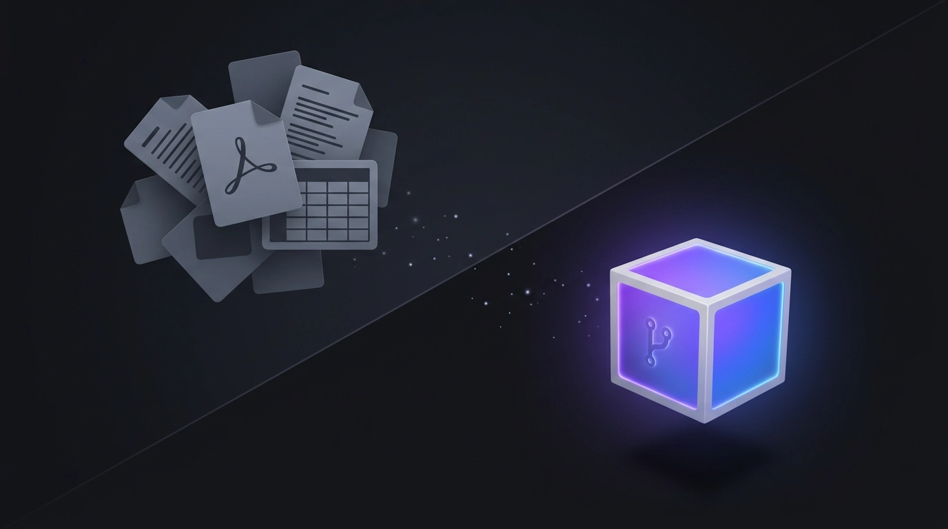 Scattered mixed project documents on the left merging into a single glowing git-repository cube on the right, dark 3D style.