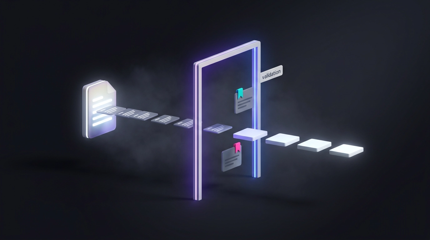 Claim cards moving from a document through a gate labeled "validation"; two cards are blocked and pinned with flags.