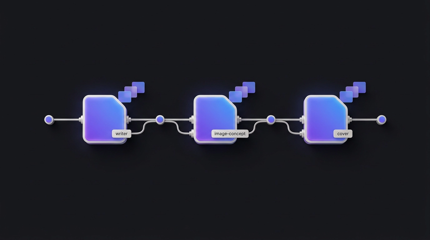 Diagram of three connected modules labeled writer, image-concept, and cover along a central spine, each emitting small output cards.