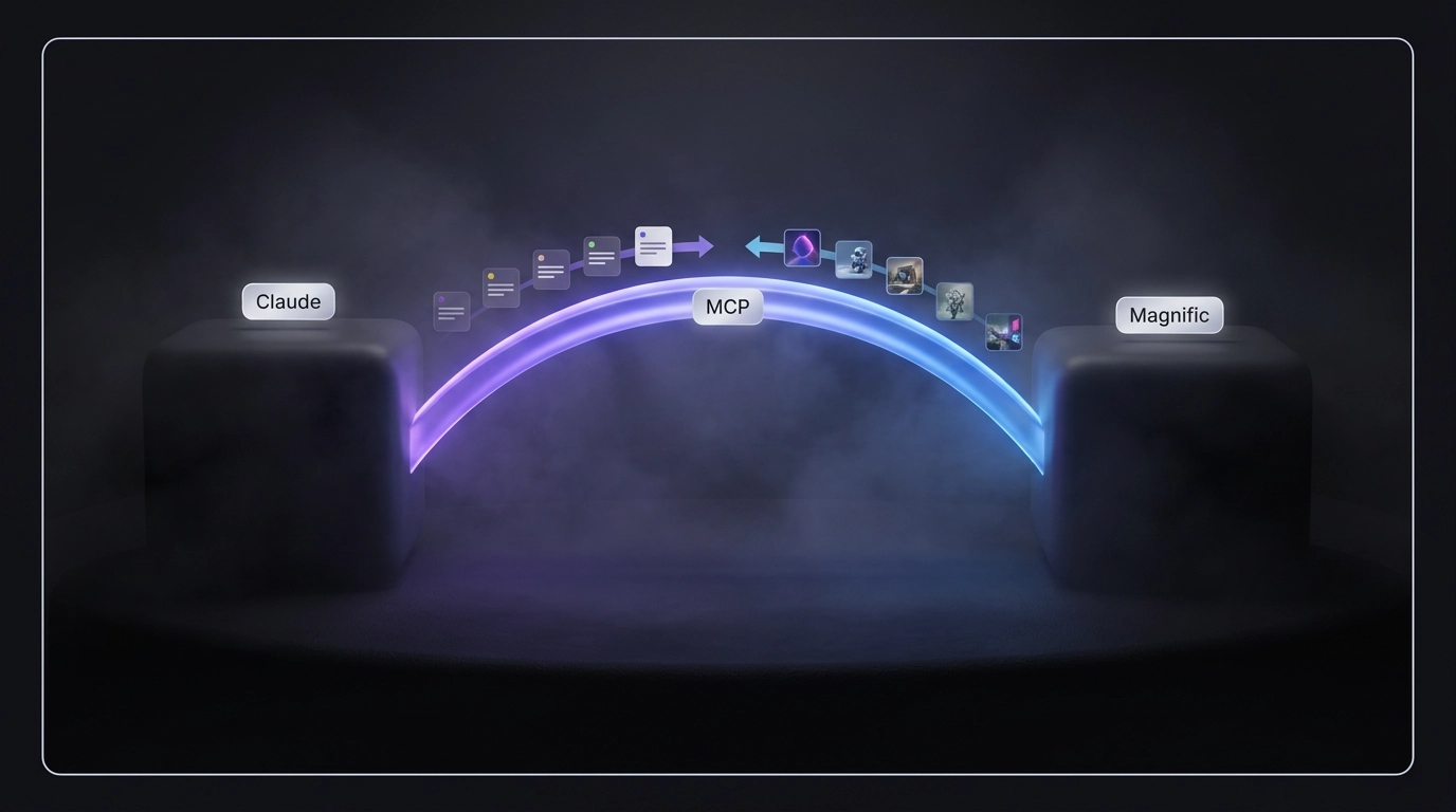 Two nodes labeled Claude and Magnific joined by a glowing arc bridge labeled MCP, cards traveling both directions inside one outlined space.