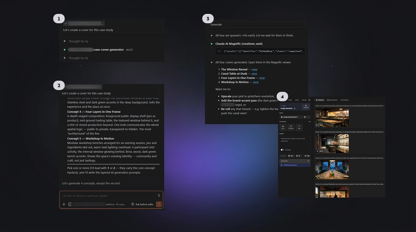 A 2×2 grid of four numbered screenshots showing the cover-generation flow — (1) launching the cover skill in the agent chat, (2) generated cover concepts with a request to produce prompts, (3) the chat returning links to the generated images, and (4) the finished images shown in Magnific.