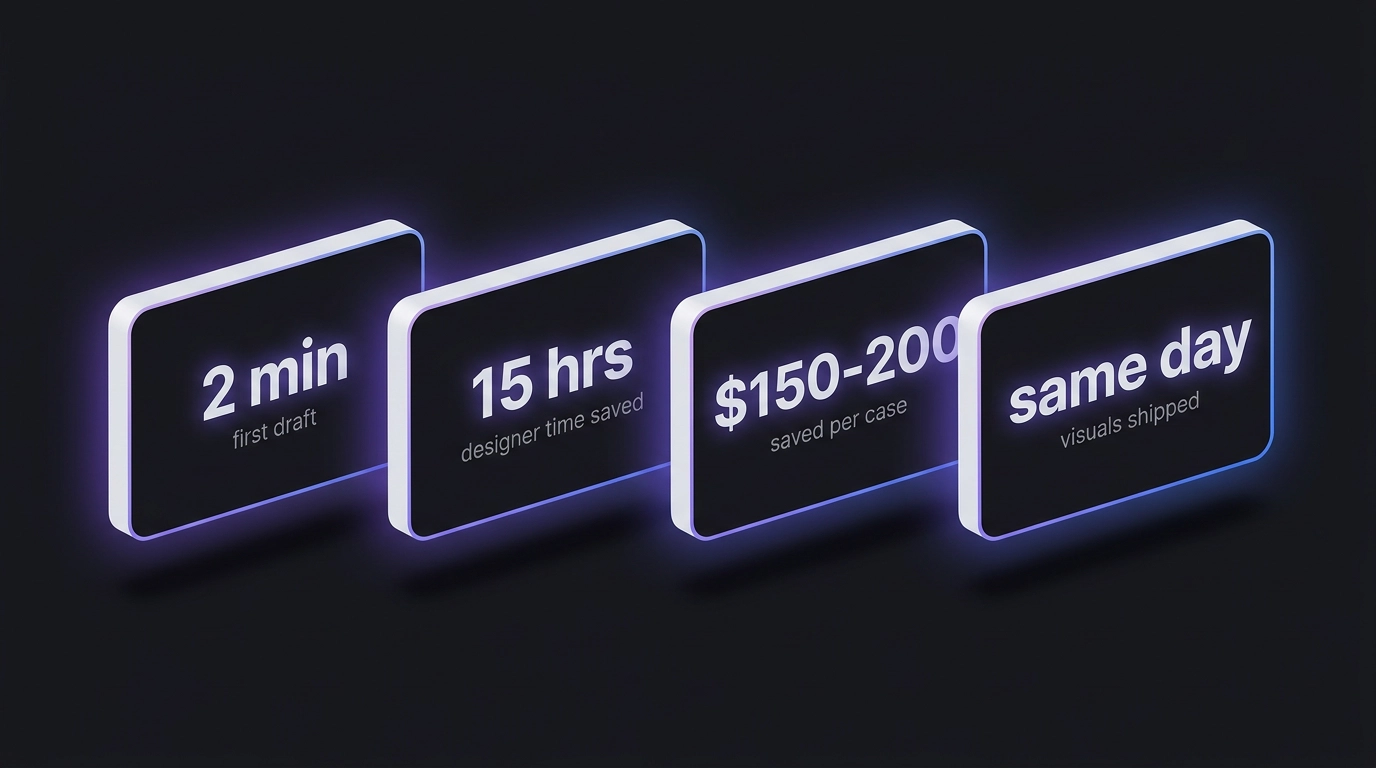 Four metric cards reading "2 min — first draft", "15 hrs — designer time saved", "$150–200 — saved per case", and "same day — visuals shipped".