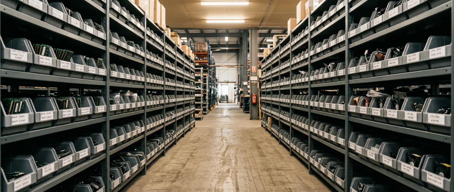 Ultra-wide view down a warehouse aisle between tall metal racks filled with labelled bins of electronic components, fluorescent lights overhead and a bare concrete floor.