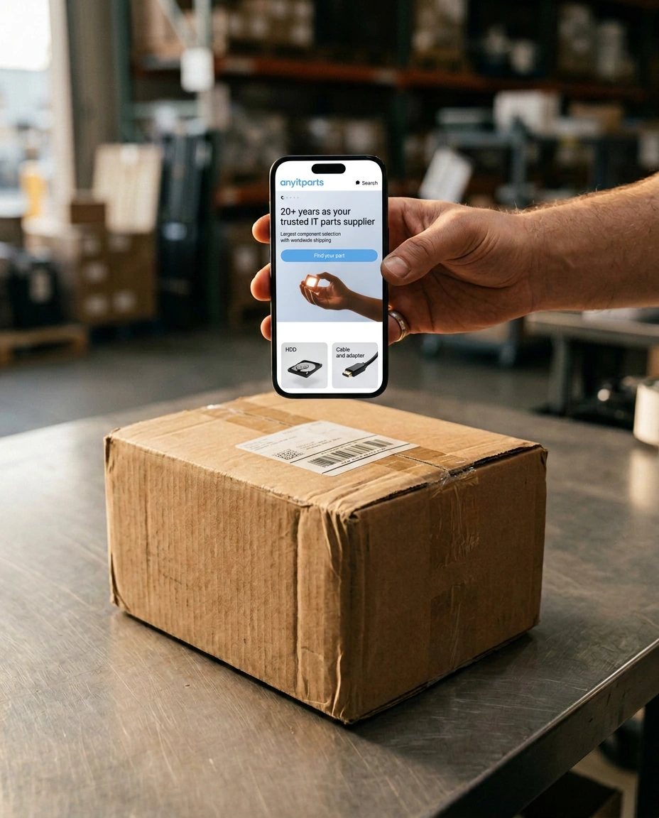 A hand holding a smartphone above a taped cardboard parcel on a metal table; the screen shows the AnyITParts mobile homepage with the headline "20+ years as your trusted IT parts supplier", a "Find your part" button and "HDD" and "Cable and adapter" category tiles.