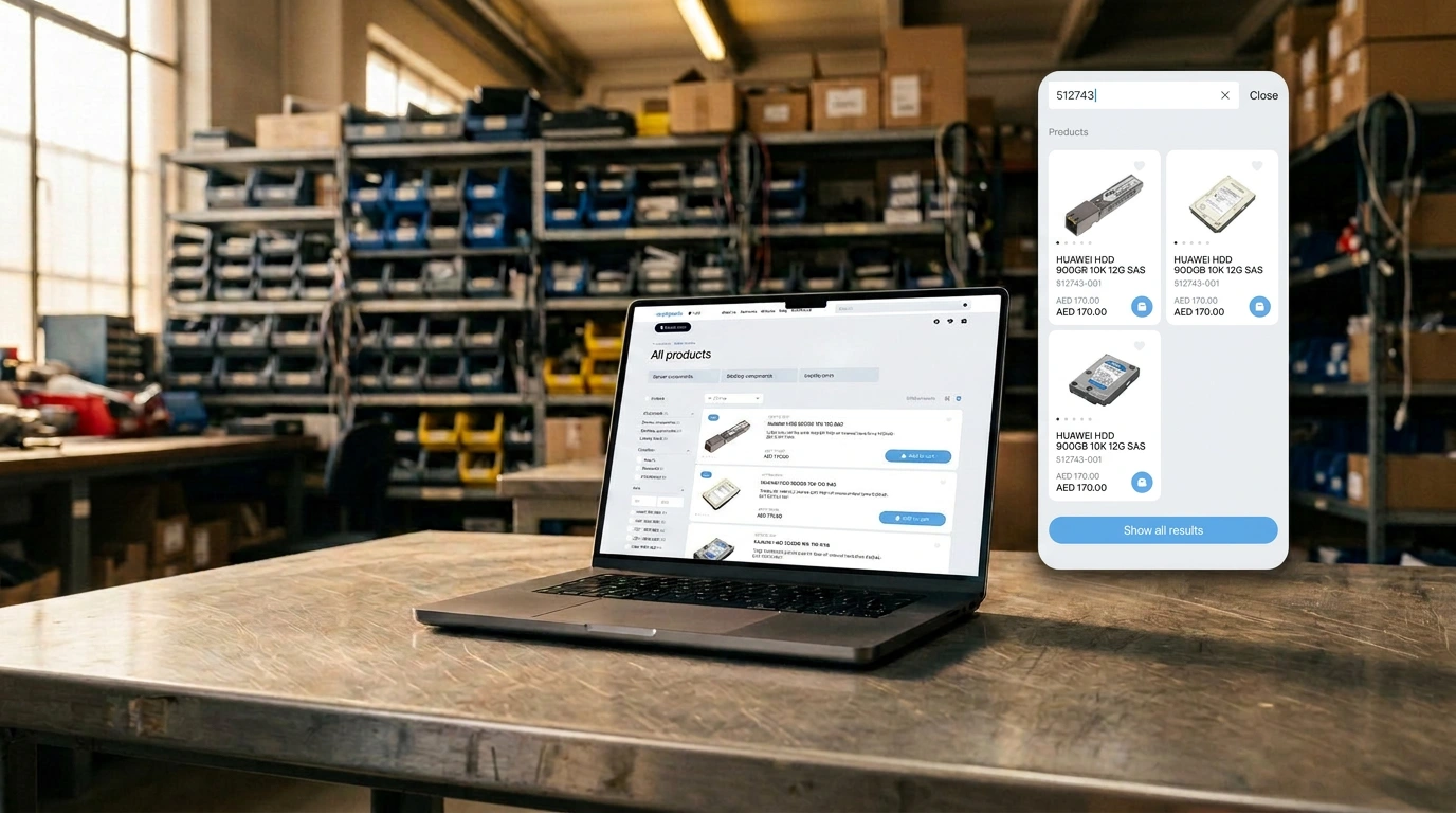 A laptop on a workbench showing the AnyITParts "All products" catalog with a filter sidebar and product rows; a search panel floats to the right with "512743" typed in and three "HUAWEI HDD 900GB 10K 12G SAS" results at "AED 170.00" each.