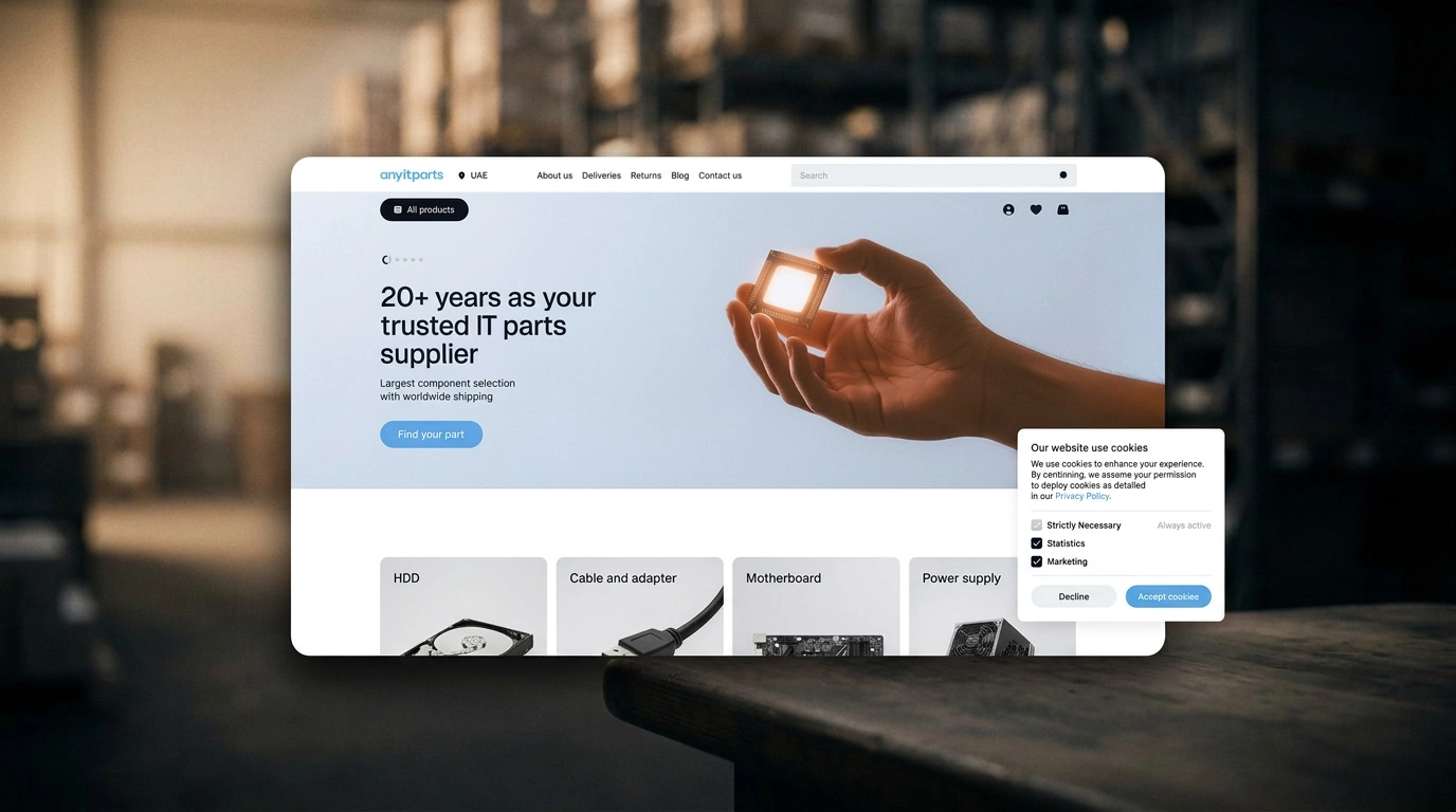 A browser window with the AnyITParts homepage and a cookie consent panel listing "Strictly Necessary — Always active", "Statistics" and "Marketing" checkboxes, with "Decline" and "Accept cookies" buttons.