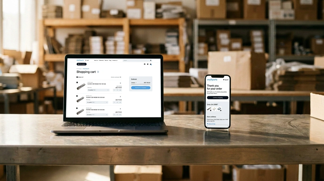 A laptop and a smartphone on a workbench: the laptop shows an AnyITParts shopping cart with three HUAWEI HDD items and an "AED 700.00" subtotal above a "Proceed to checkout" button; the phone shows a "Thank you for your order" confirmation with order "DK-20987" and a store address.