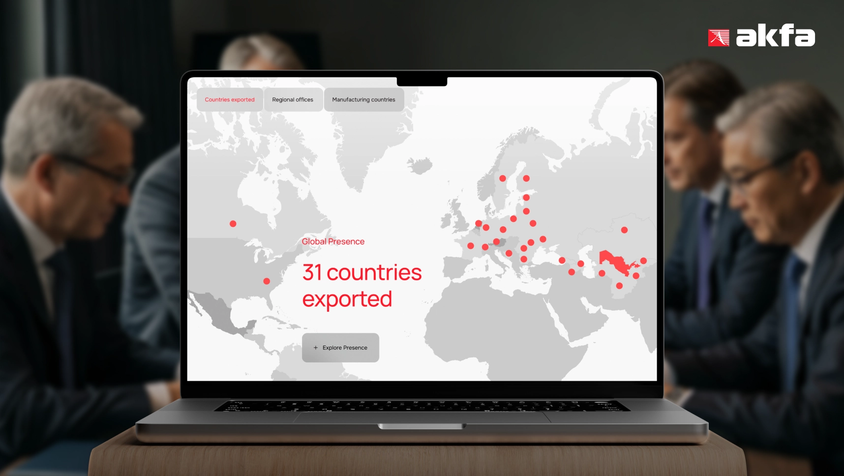 AKFA website displayed on a laptop with global export map highlighting 31 countries.