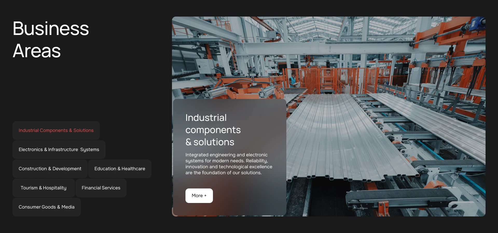 AKFA business areas webpage showcasing industrial components and solutions with factory production line imagery.