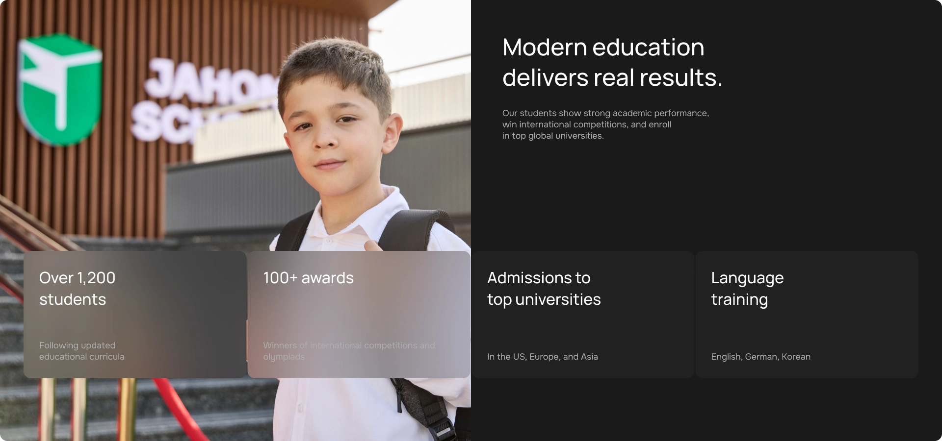 Modern education section featuring student portrait and academic achievements statistics.