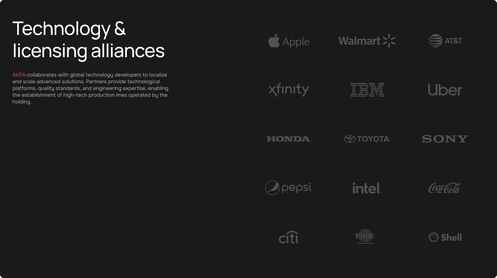 Technology and licensing alliances section featuring global brand partners.