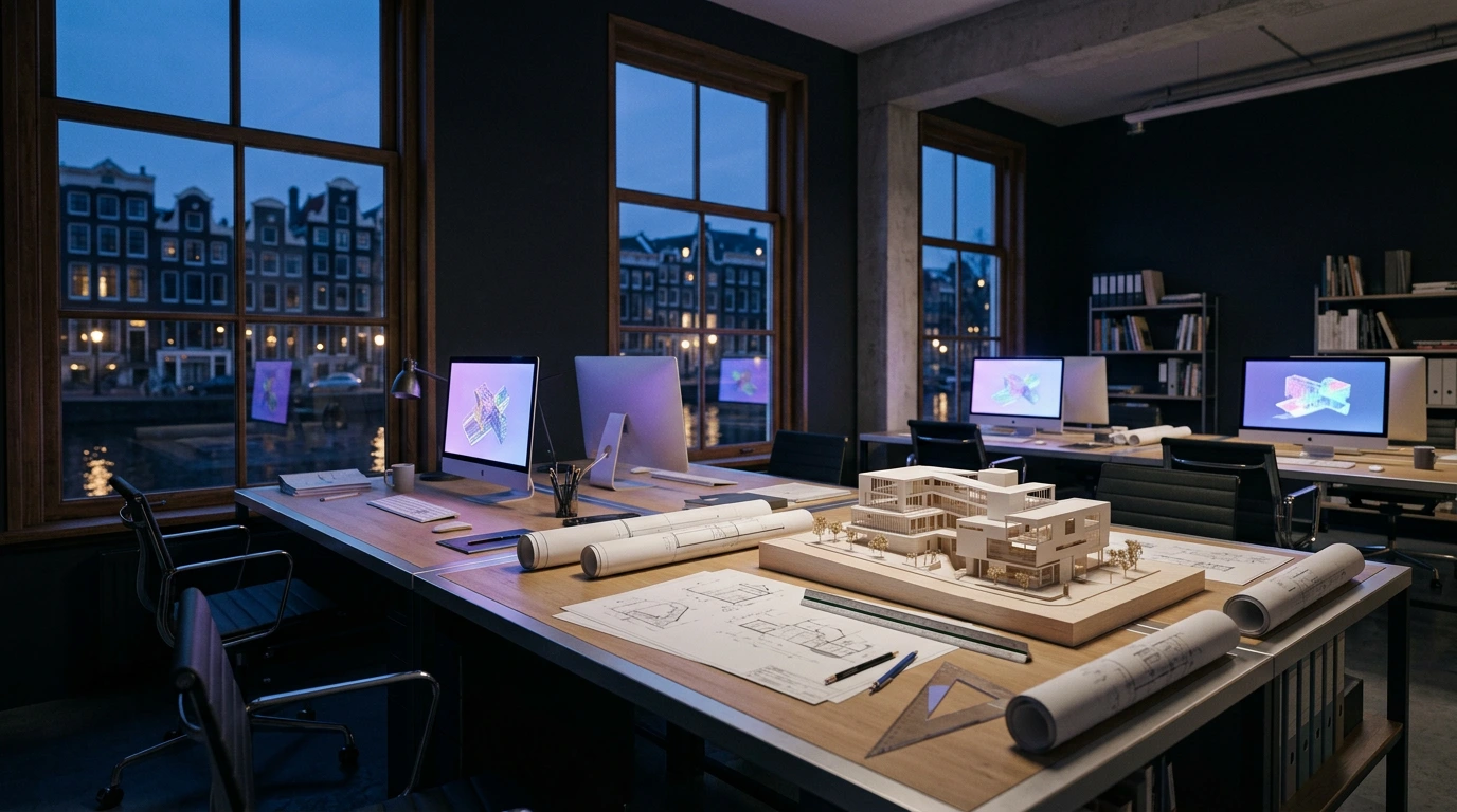 A Netherlands architecture studio at dusk: a detailed physical building model and rolled blueprints on a wooden table, iMacs showing 3D models, and Amsterdam canal houses through tall windows.