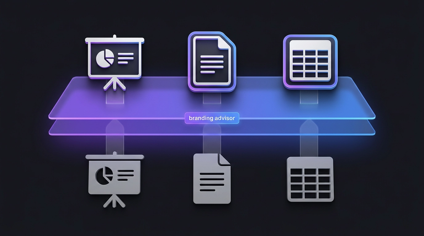 Three plain gray icons — a presentation, a document, and a table — passing up through a glowing translucent layer labeled "branding advisor" to become colored, styled versions at the top, dark 3D style.