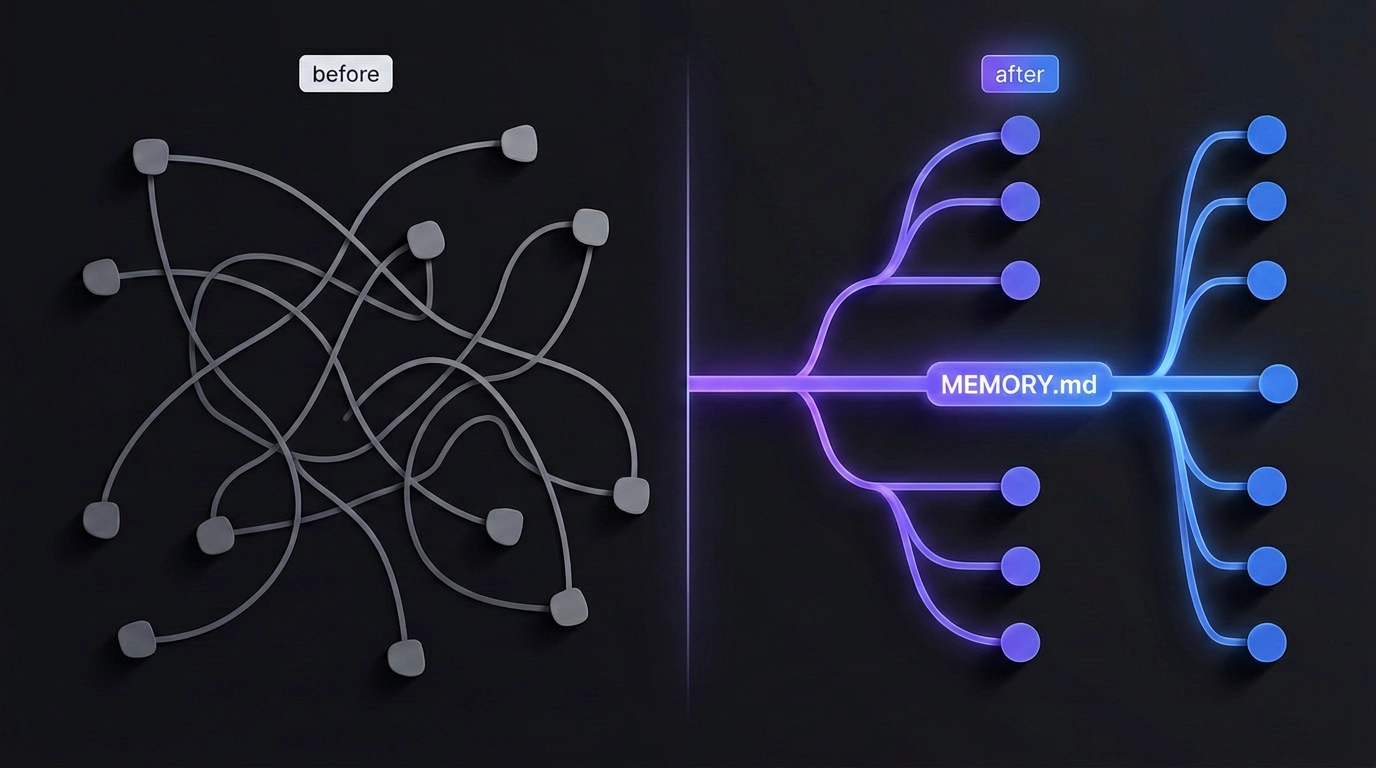 Split image on a dark background: on the left a tangle of messy gray cables, on the right neat glowing blue-and-purple branches fanning out from a central node labeled "MEMORY.md".