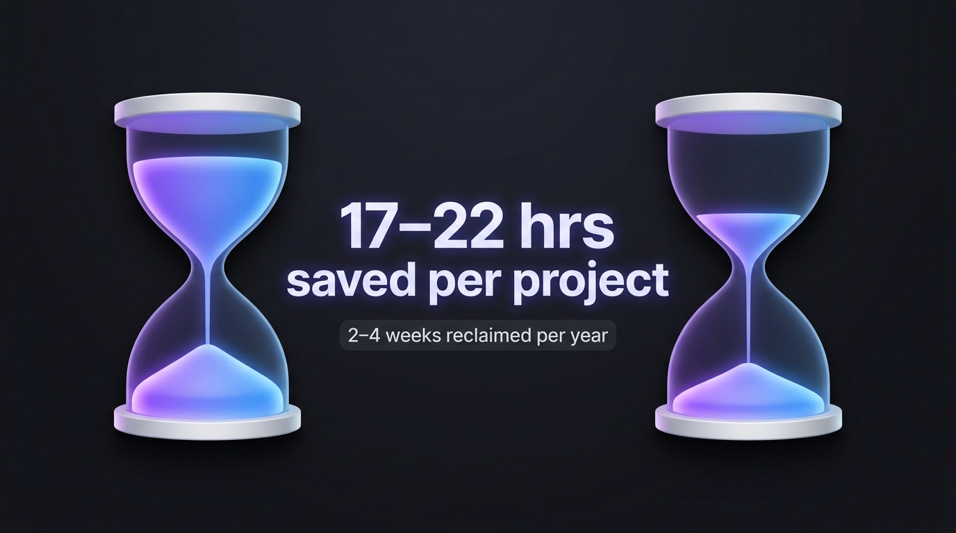 Two glowing 3D hourglasses on a dark background with the text "17–22 hrs saved per project" and "2–4 weeks reclaimed per year" between them.