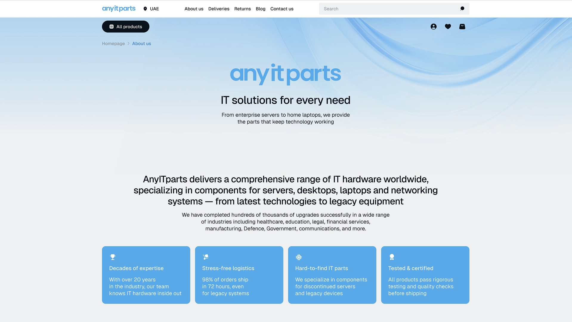 AnyITParts website page showing information about company 