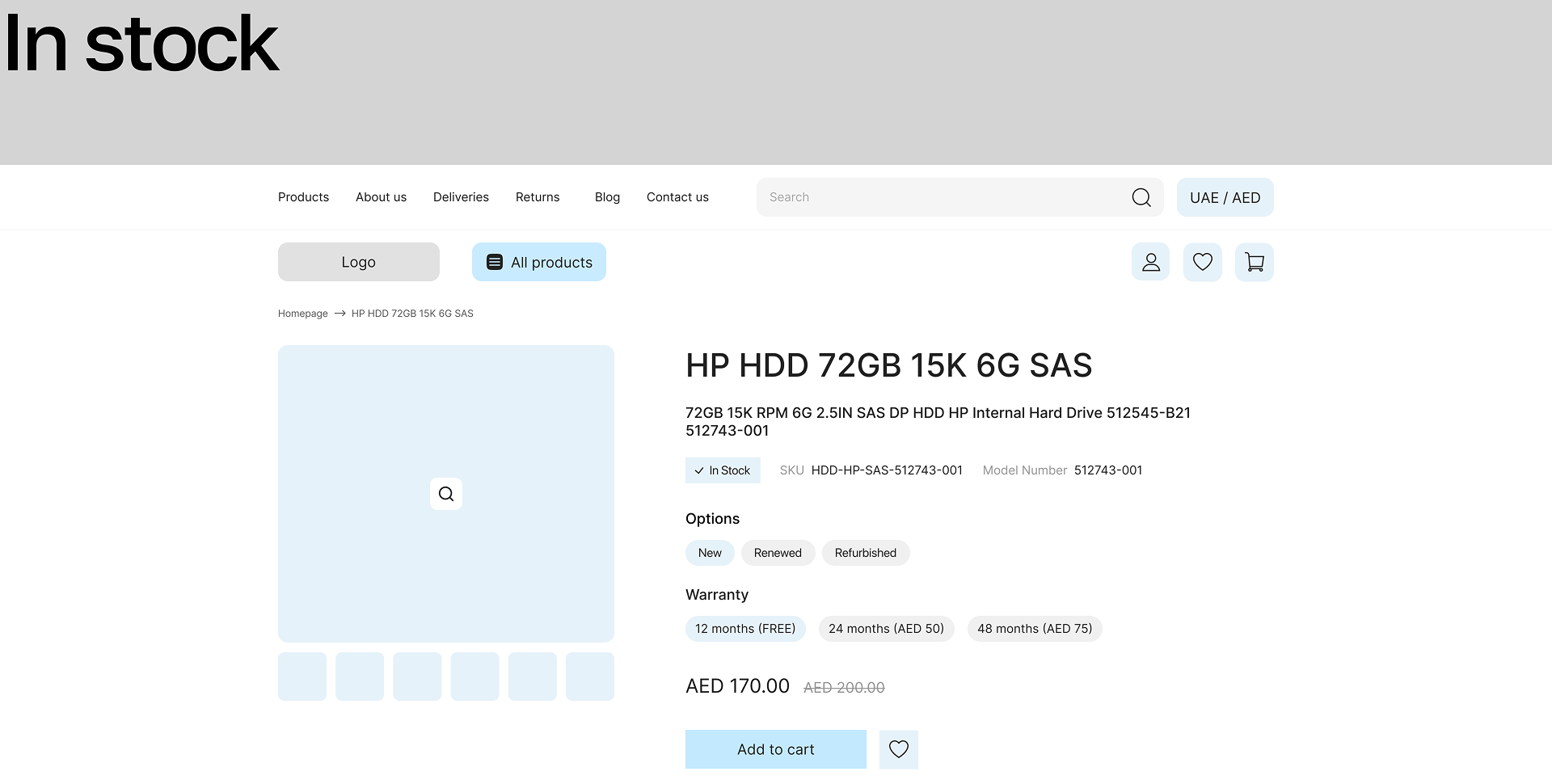 Wireframe of a product detail page with stock status and key actions