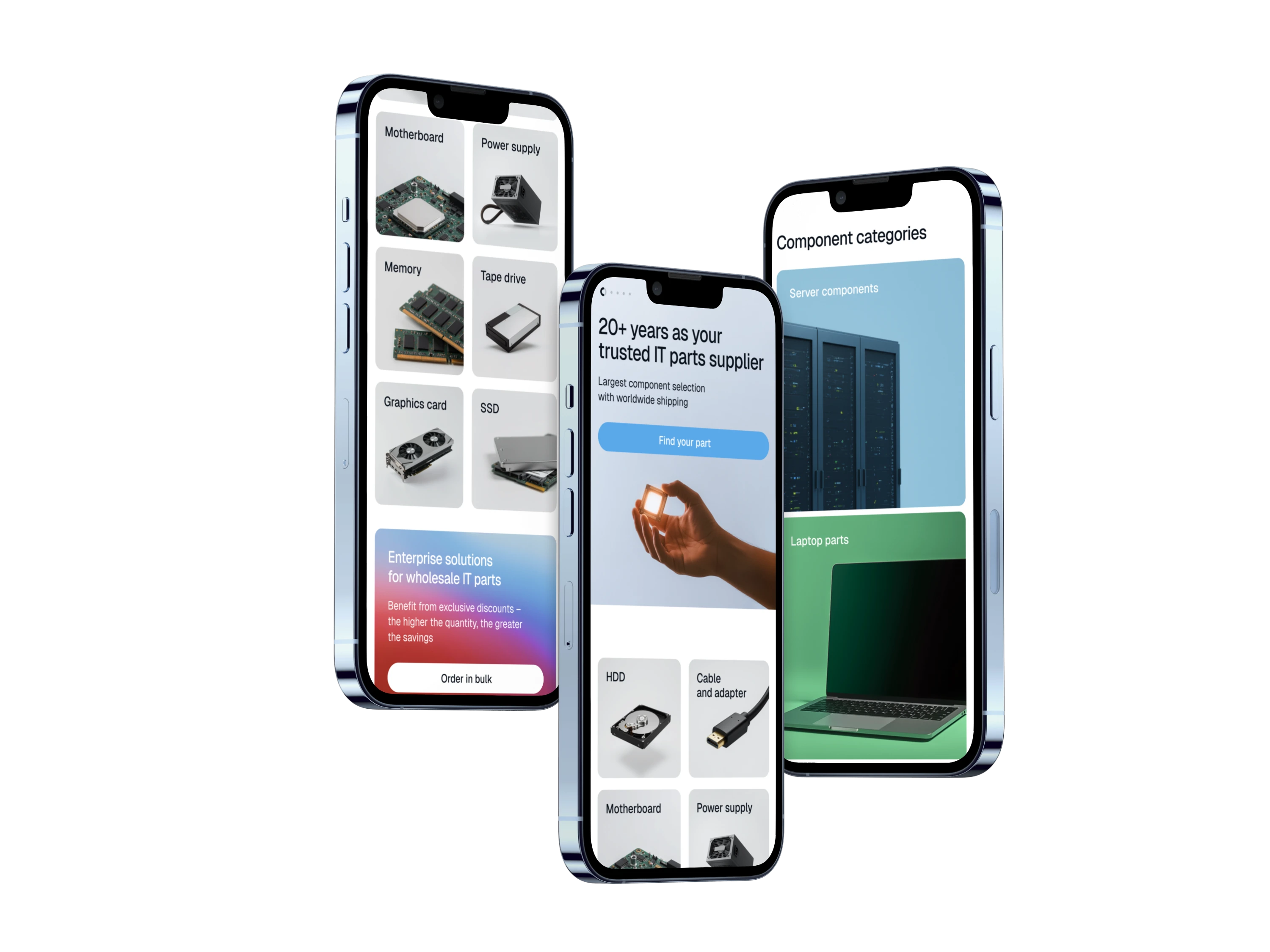 Mobile homepage layout for AnyITParts with categories and quick access to tools