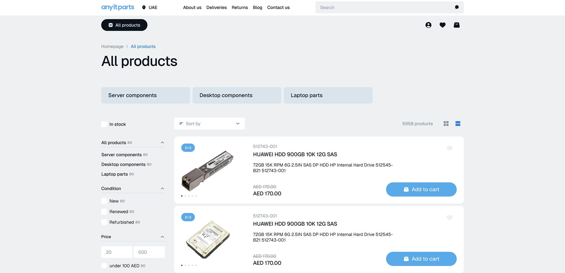 E-commerce product catalog page with filters, search, and add-to-cart