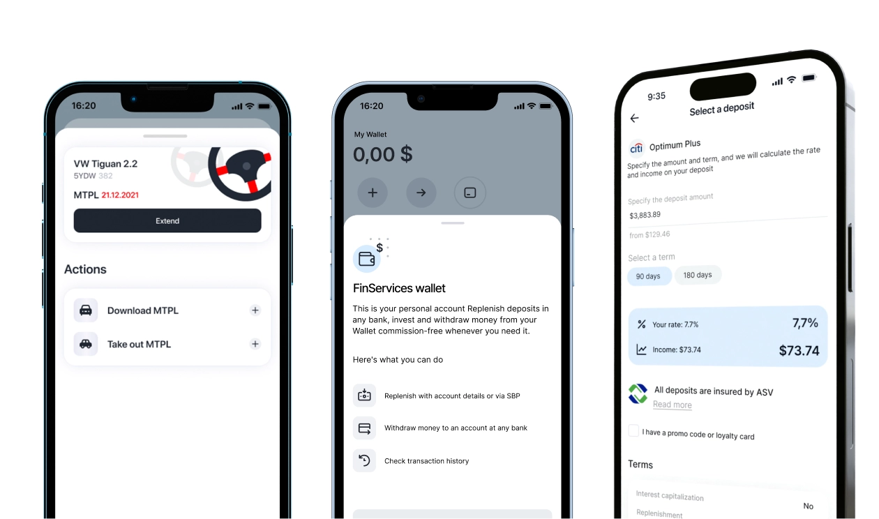 FinServices mobile app — three screens showing finance and insurance offers, deposits, and applications