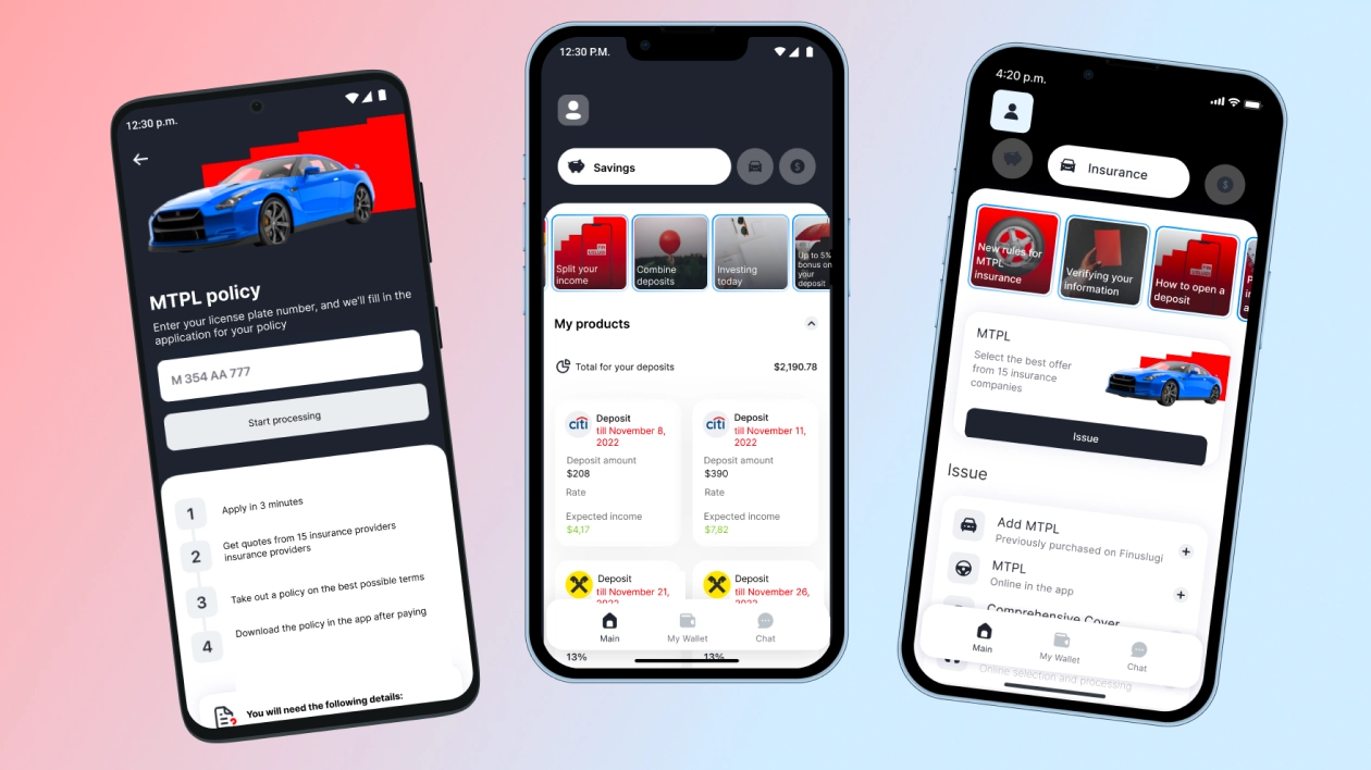 Three mobile screens: savings and insurance sections with comparable offers and in-app actions
