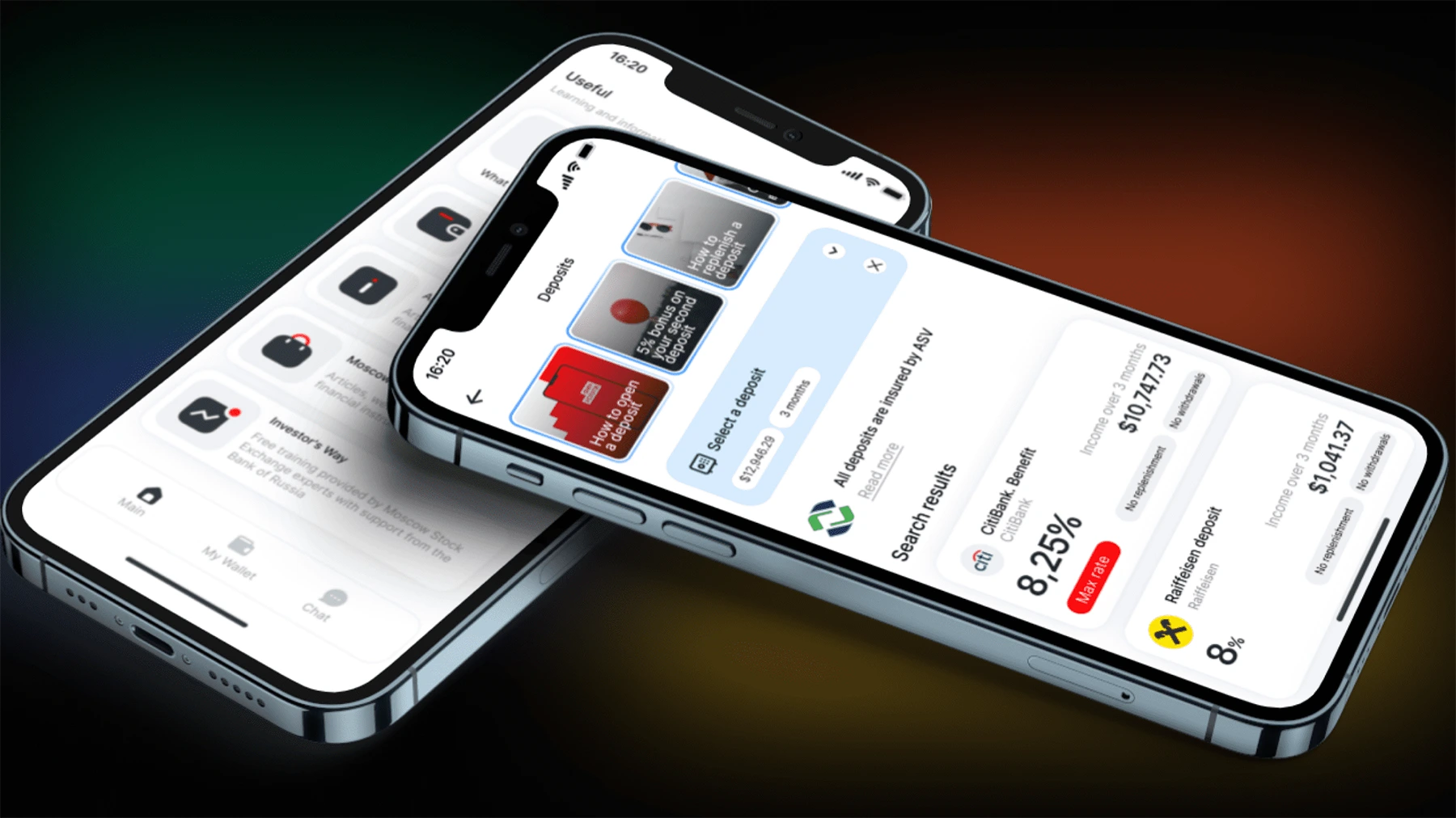 In-app journeys for deposits and insurance with clean cards and focused forms