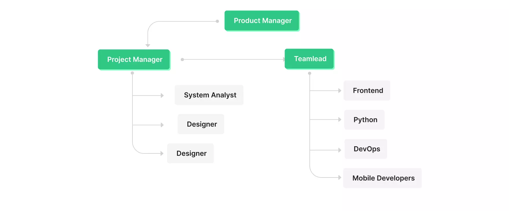 Product team includes product manager, project manager, system analyst, designers, teamlead, frontend, python, DevOps, and mobile developers