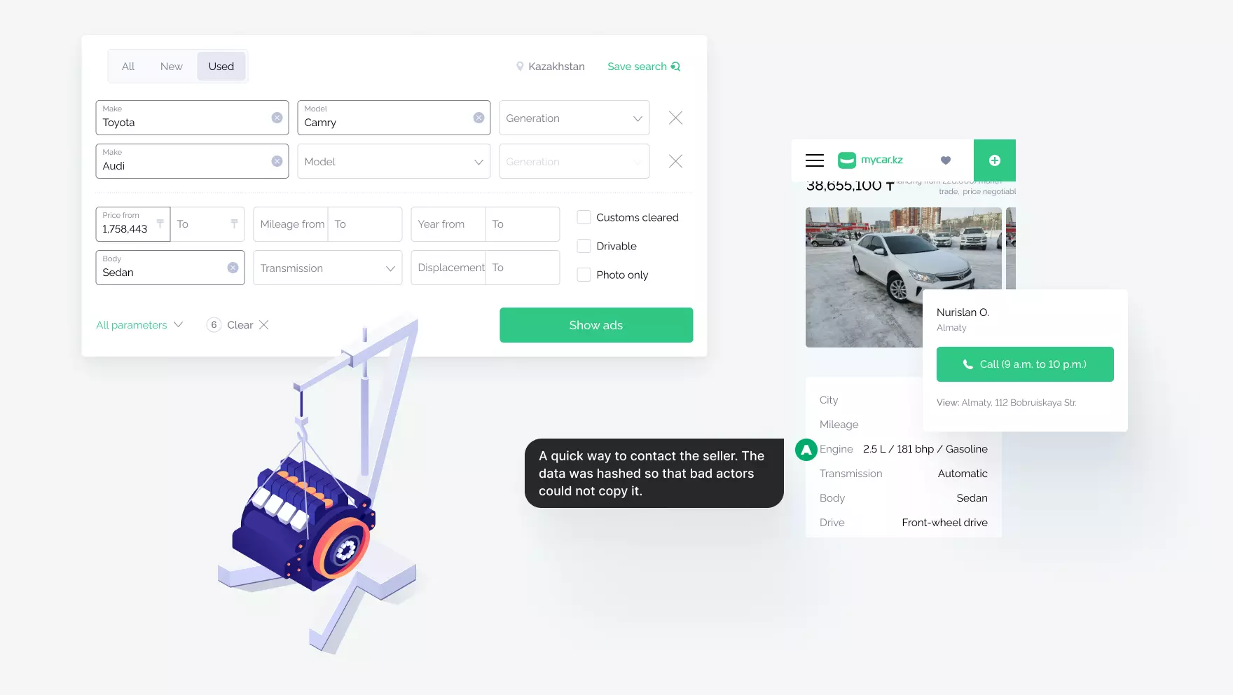 Listing card highlighting price, mileage, year, and quick actions for comparison