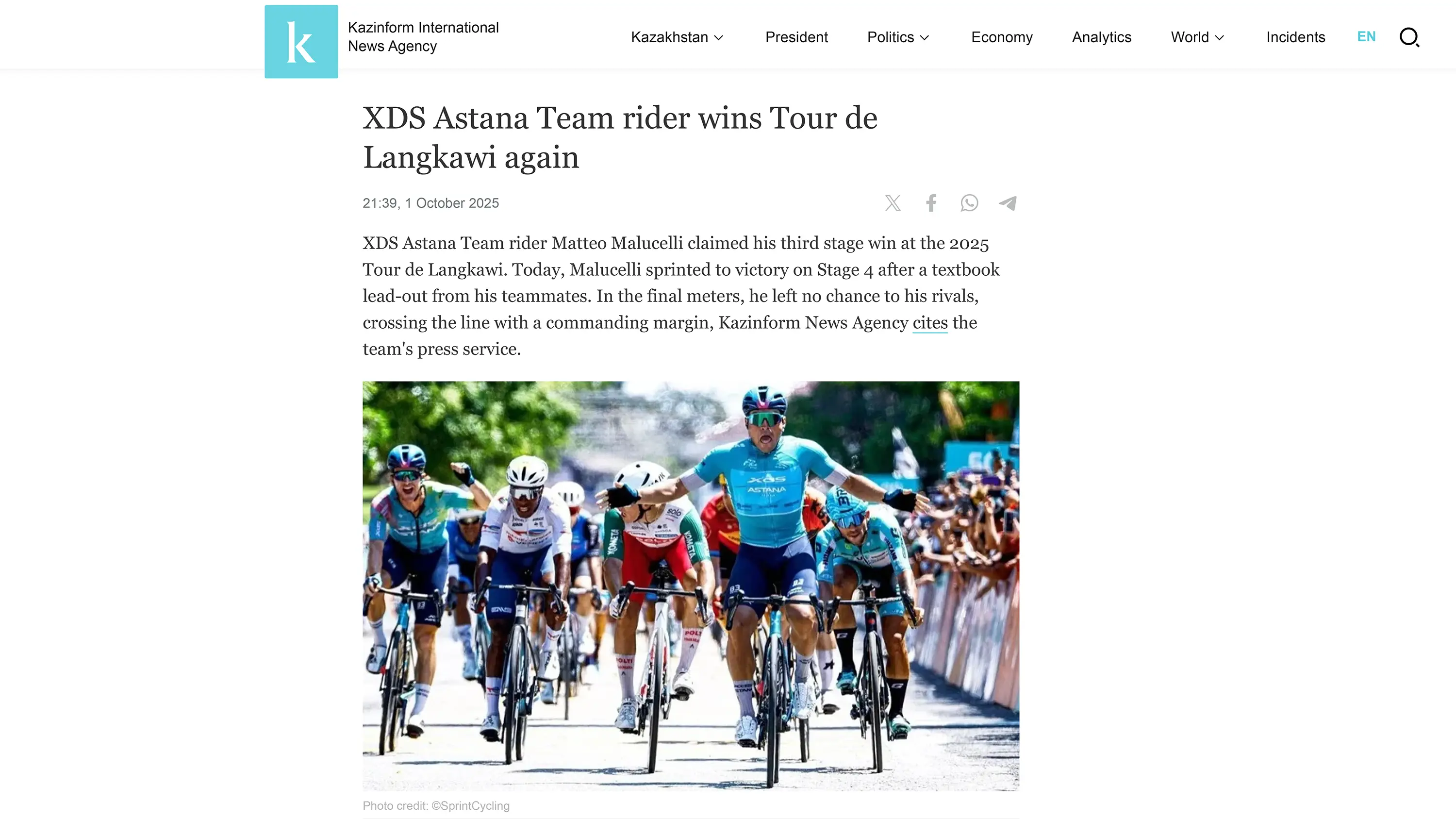 XDS-Astana Team wins a major race — press photo used for client context