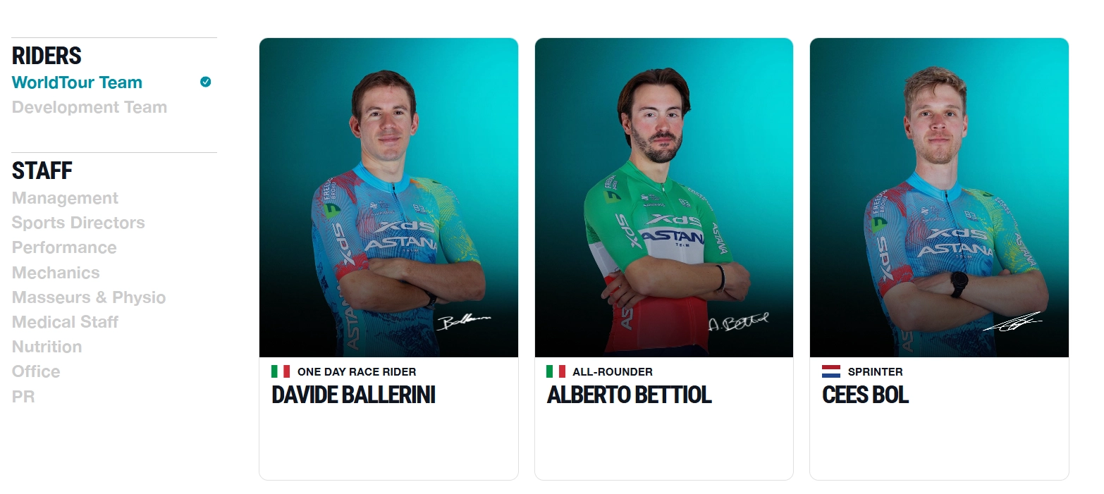 Team members page with grouped roster and quick access to rider profiles