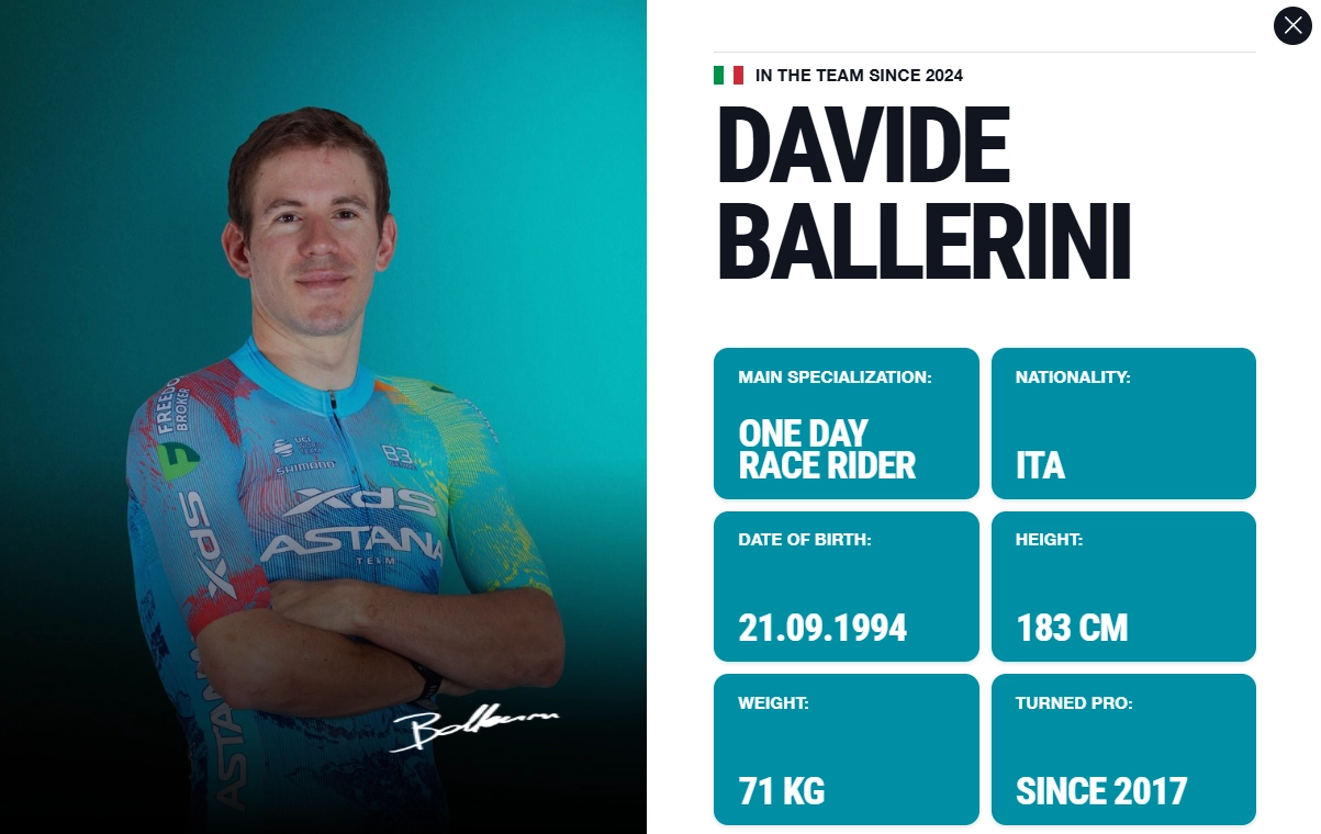 Rider profile popup with portrait, team, stats, and latest results