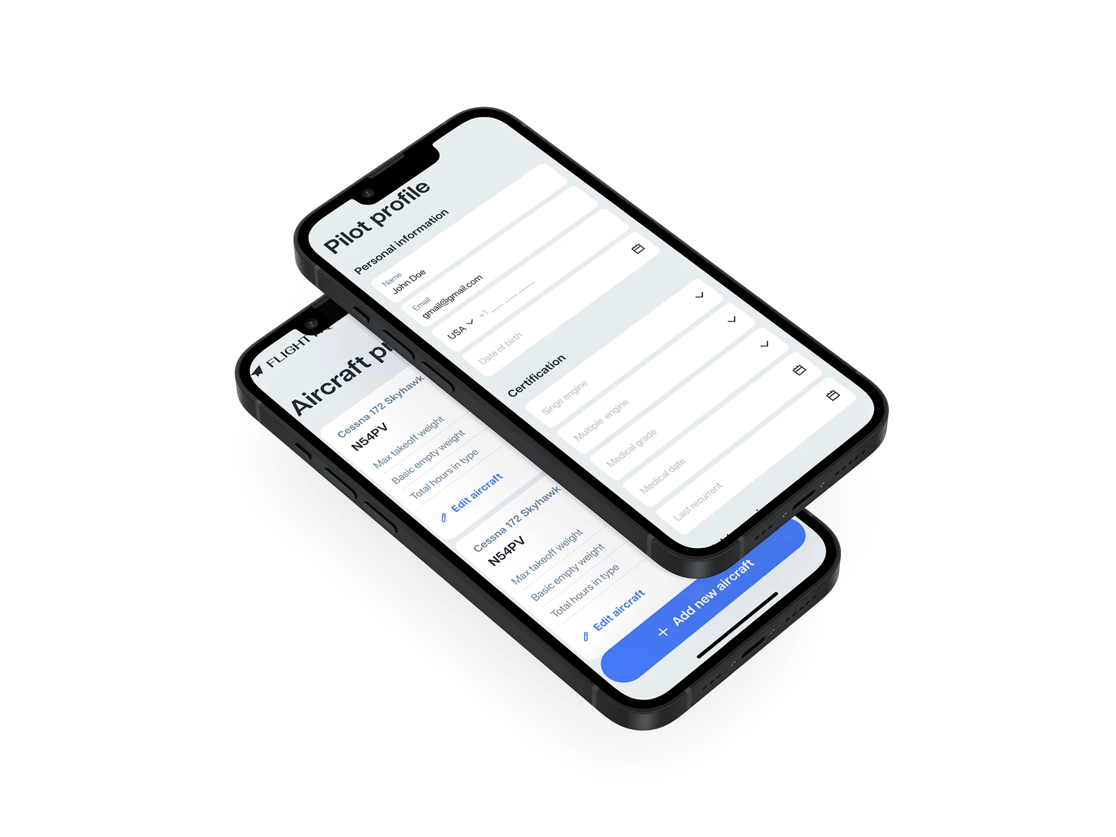 Mobile Pilot and Aircraft profile screens with key flight details