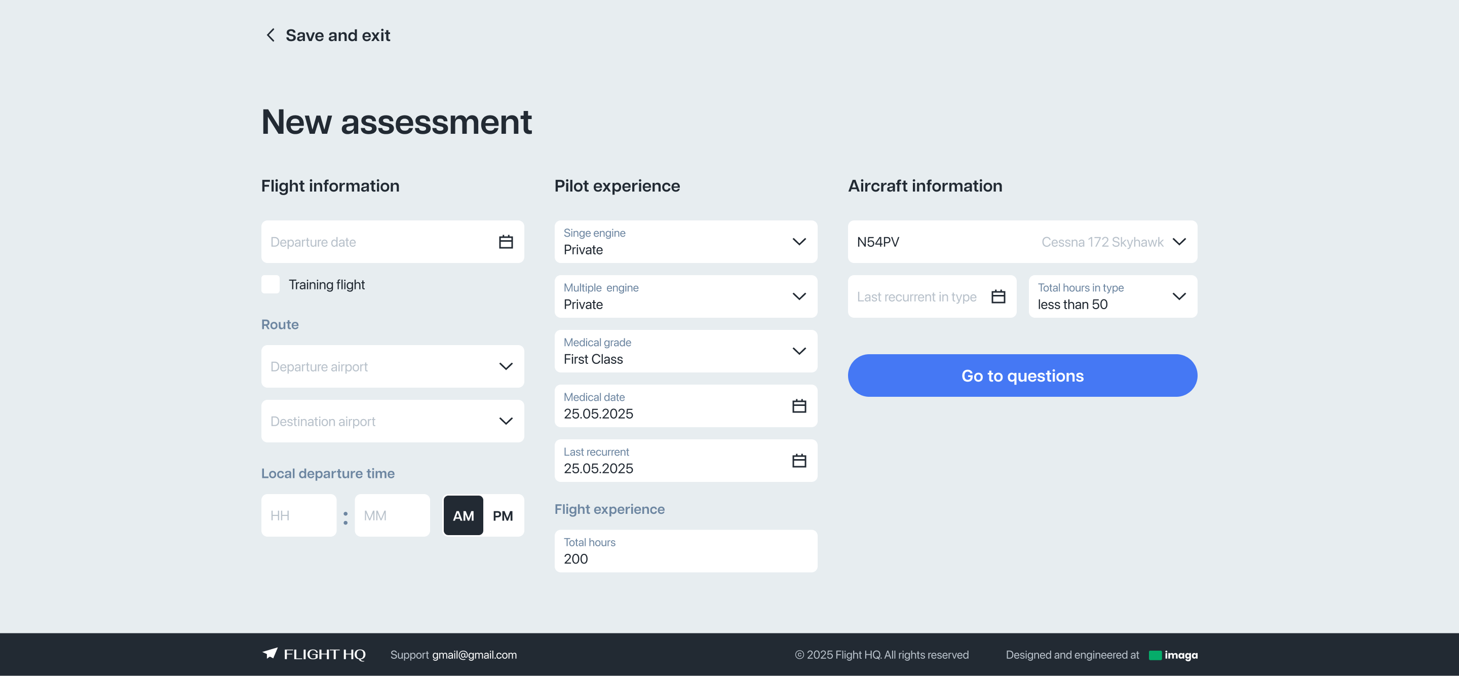Start form prefilled from profiles (airports, time, aircraft) with draft autosave and submission window controls