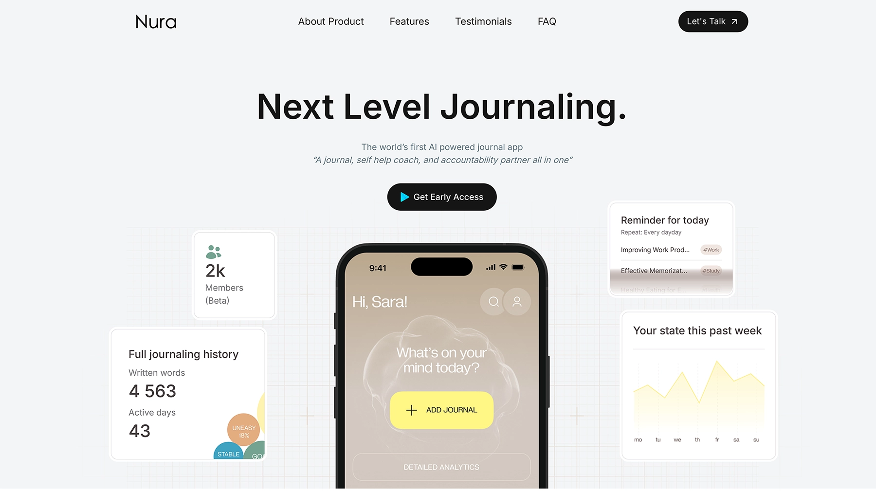 Nura — AI-powered journaling app with chat-style prompt and Add Journal button on mobile