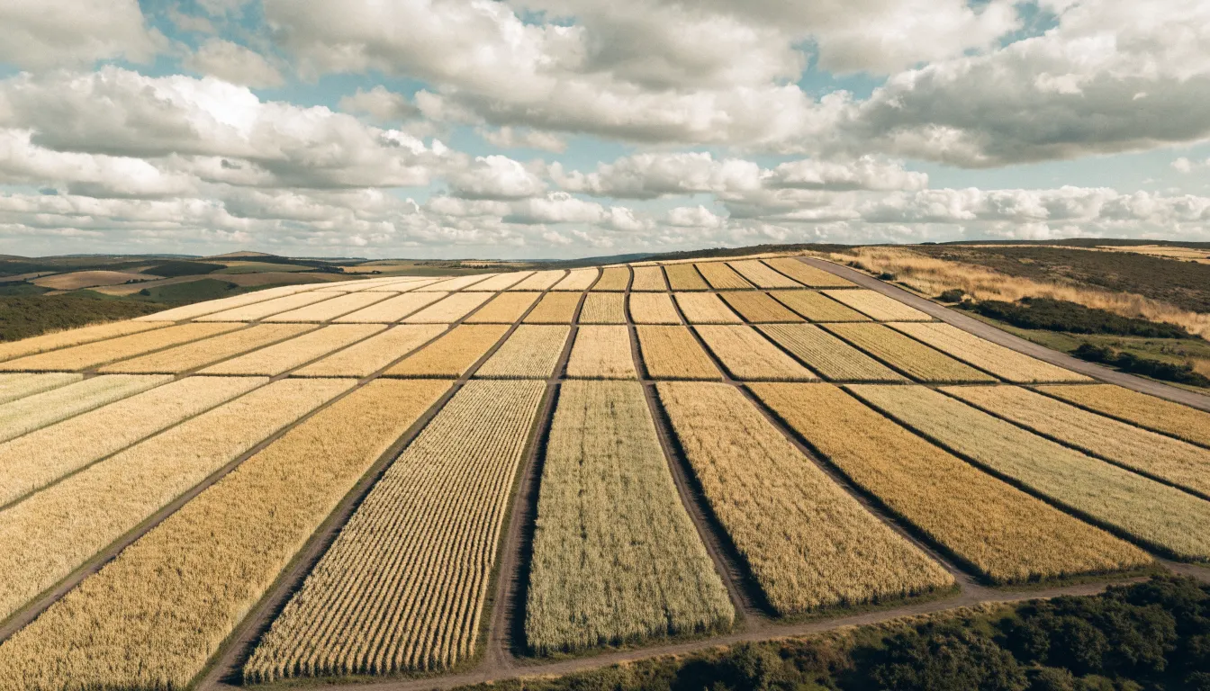 Agricultural field trial plots viewed from above under a cloudy sky