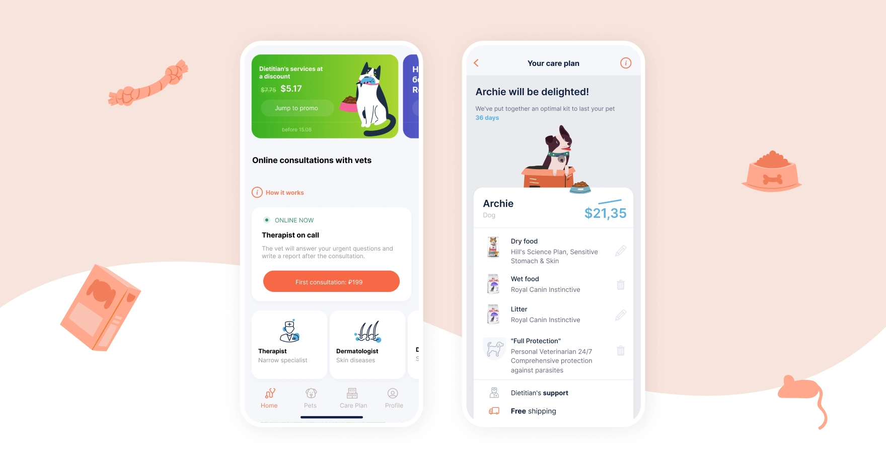 Petstory mobile app screens showing online vet consultations and a personalized pet care plan