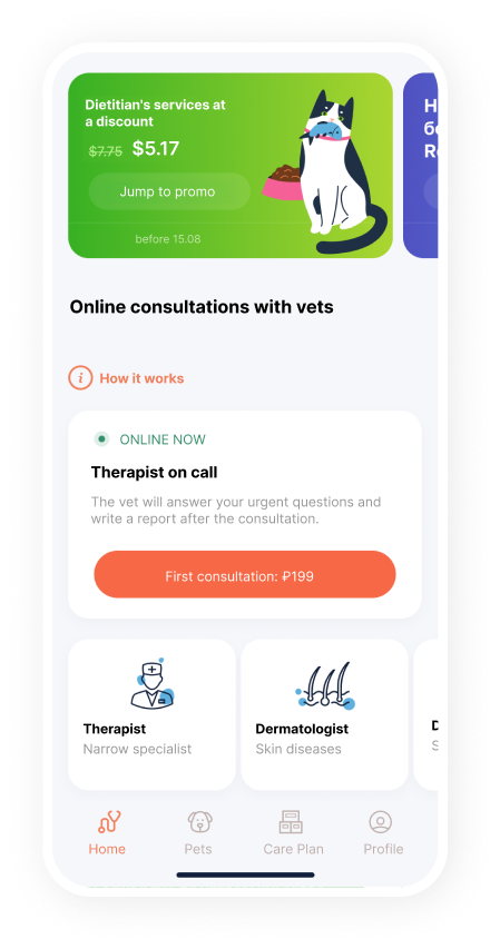 Online vet consultations screen showing available specialists and instant help option