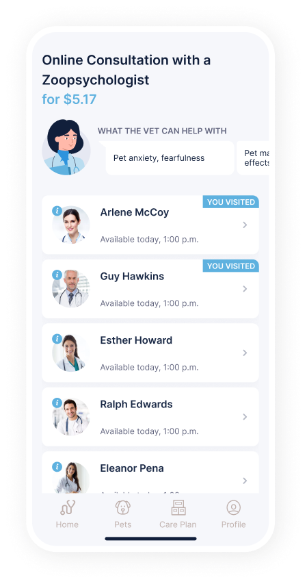 List of available vets for online consultation with prices and appointment times