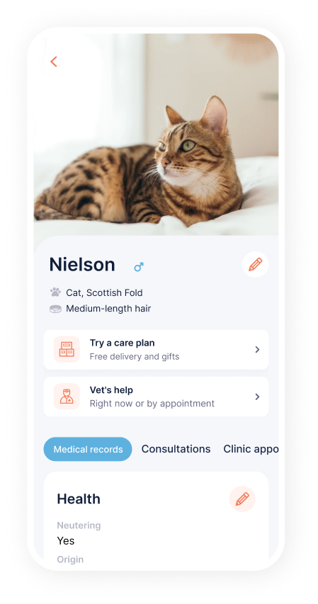 Pet profile screen with photo, breed, medical records, and quick access to care plan and vet help