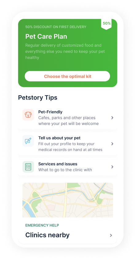 Home screen with pet care plan promotion, tips, and nearby veterinary clinics map