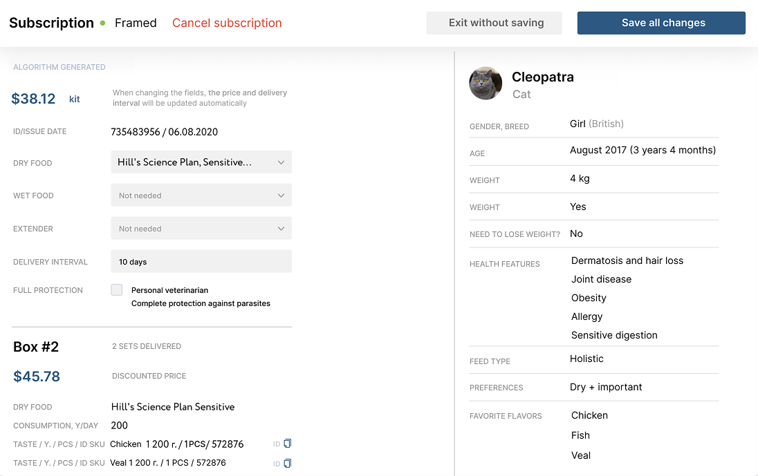 Personalized pet subscription and care kit calculated from pet profile and health data