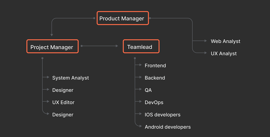 Product team structure diagram showing roles from product management to frontend, backend, QA, and mobile development