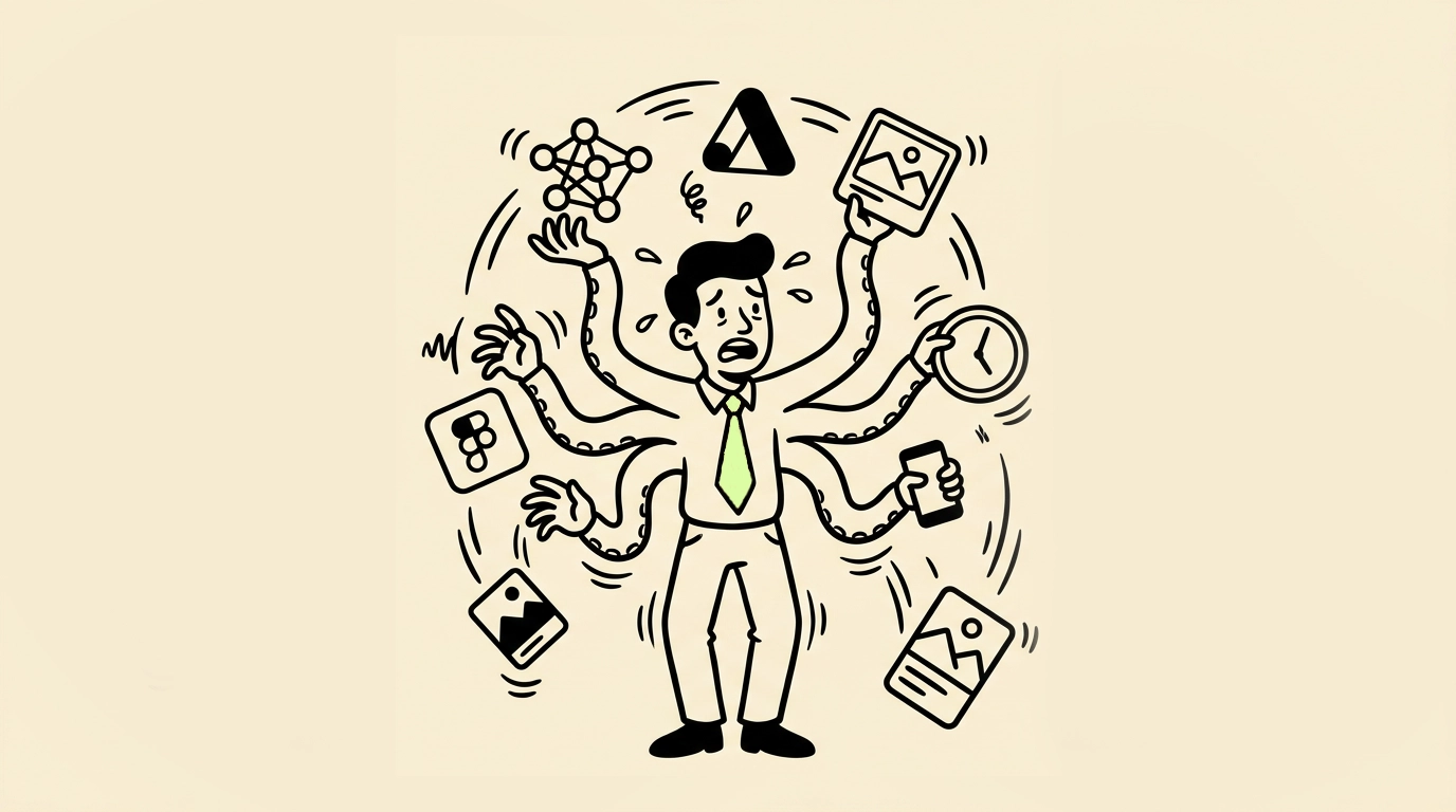 The marketer drawn with many octopus-like arms juggling a neural-network node, a Figma triangle, a stock-photo card and a clock, with icons falling.