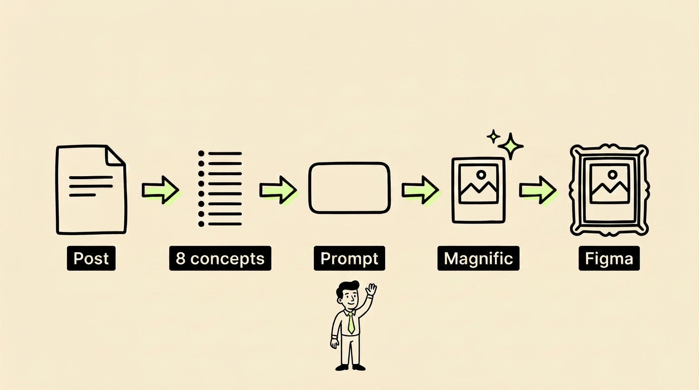 Horizontal five-stage diagram labeled "Post", "8 concepts", "Prompt", "Magnific" and "Figma", with a small figure in the center linking the stages.