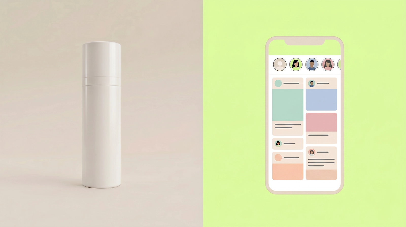Blank cosmetic bottle beside a smartphone mockup illustrating social media content and audience targeting