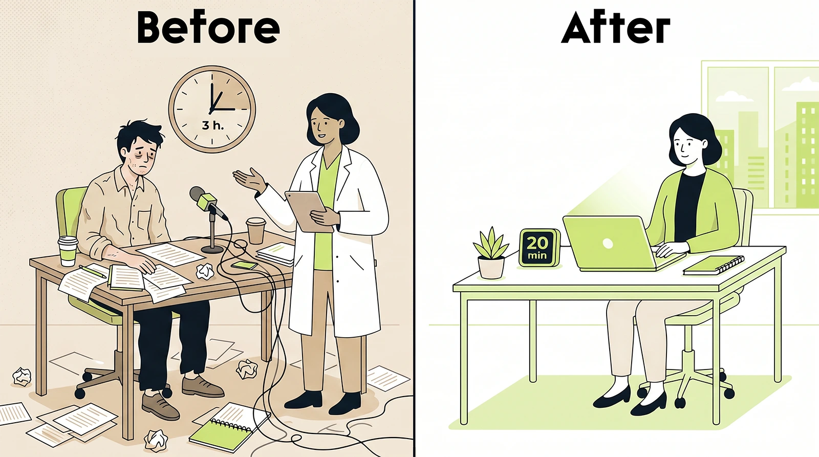 Before-and-after illustration comparing manual expert interviews with a 180-minute workflow to a 20-minute AI-assisted post process