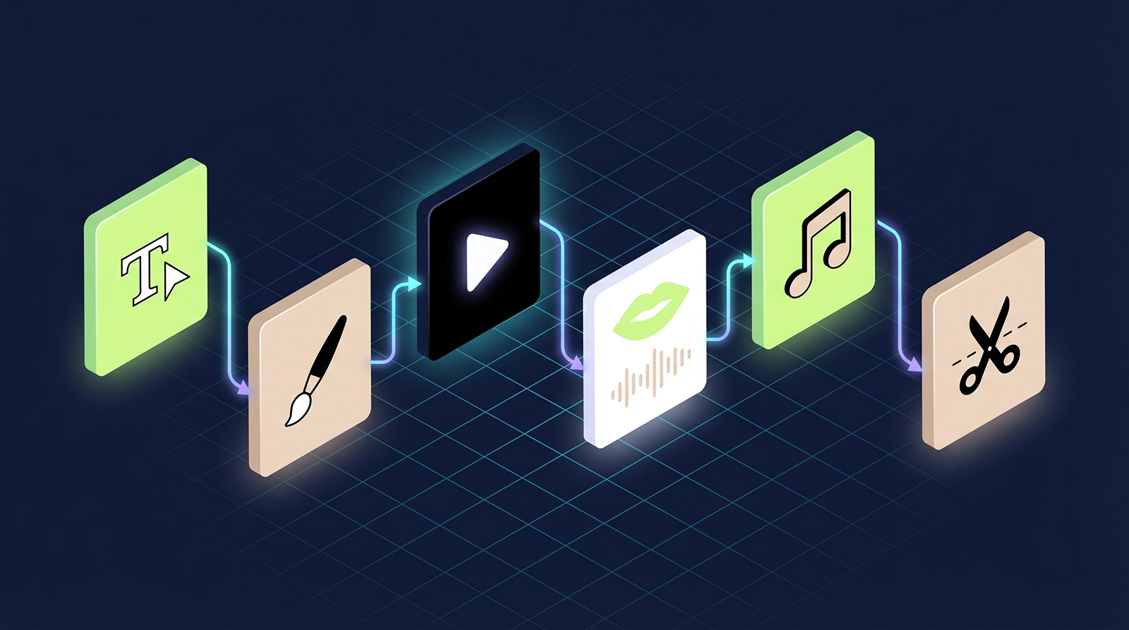 Node-based AI video pipeline showing content generation from text and visuals to video, voice, music, and final edit