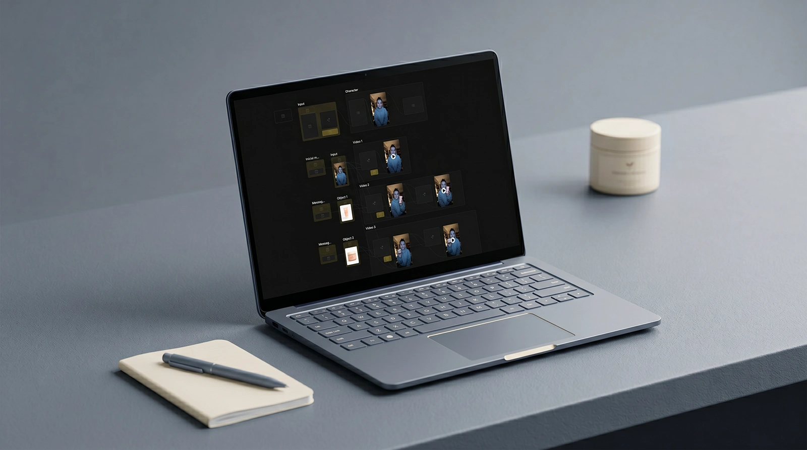 Laptop showing a node-based AI video workflow beside a cream jar on a minimal desk