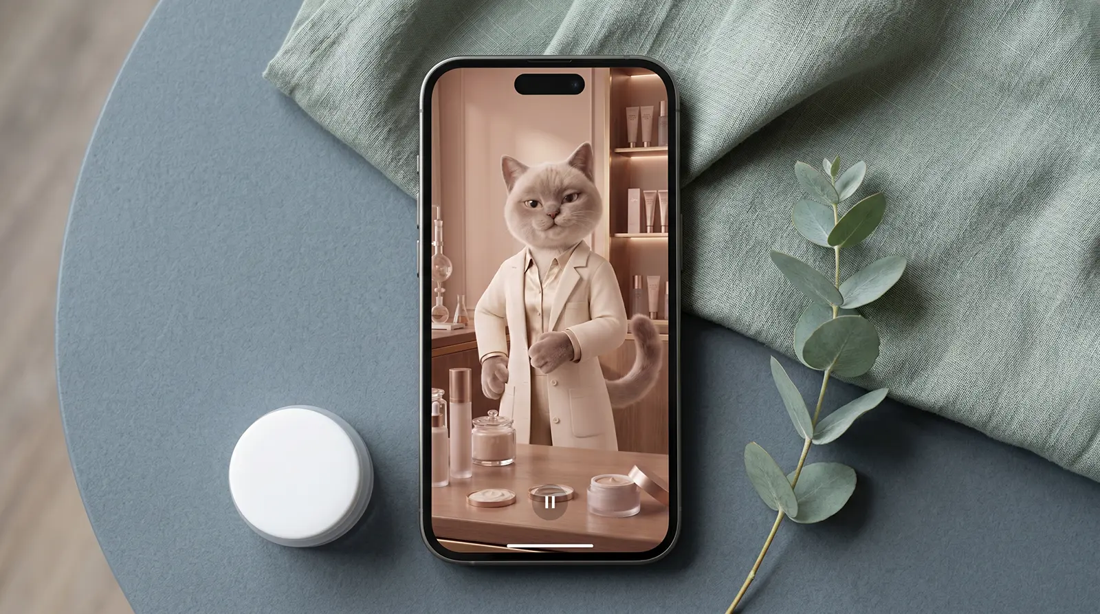Smartphone displaying an AI-generated mascot skincare video next to a cosmetic cream jar
